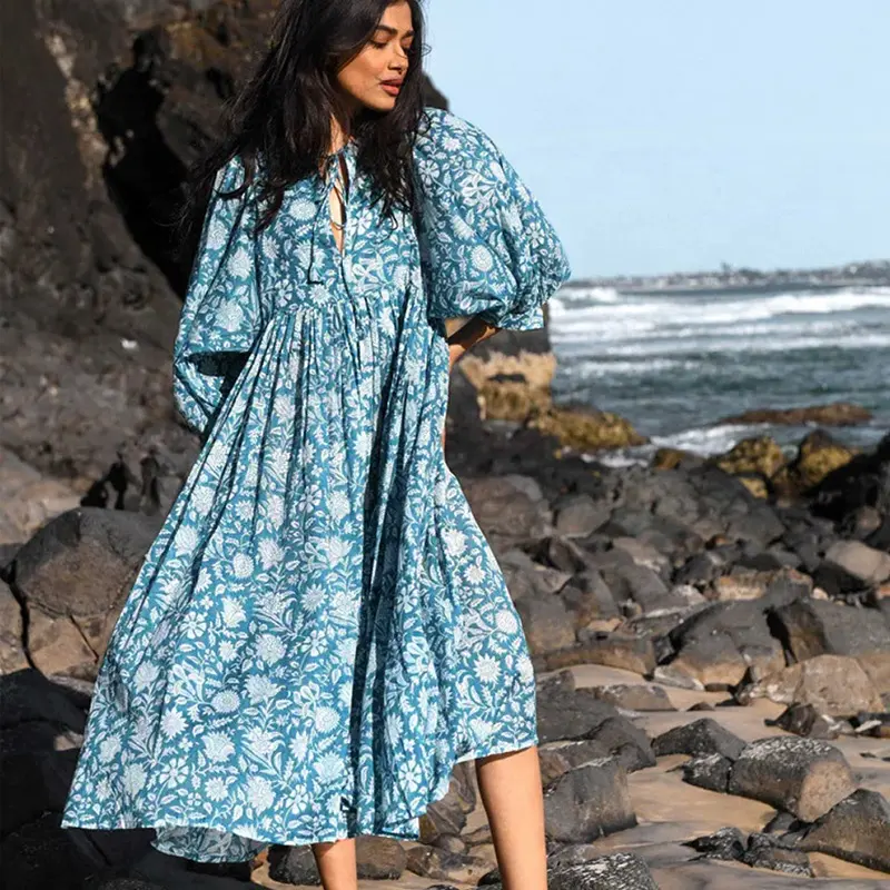 New Arrival Summer Vintage Lantern Sleeve Floral Printed Loose Boho Casual Dresses Elegant Long Beach Dress