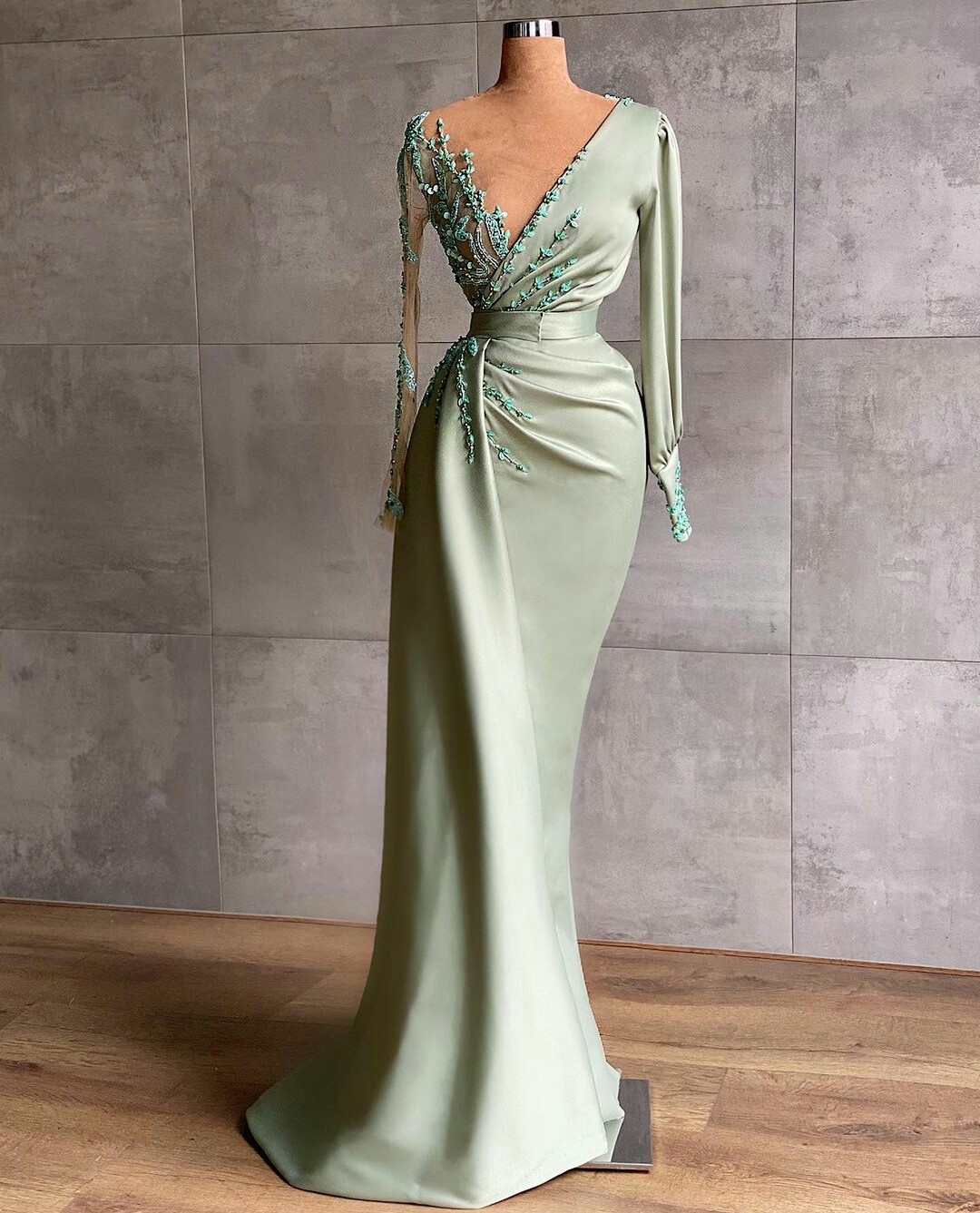 EV117 Mint Green Sheer Jewel Neck Beaded Evening Dresses
