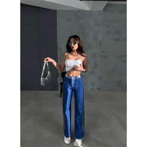 Pantalones de Satén de Pierna Ancha GABARDN, Cintura Alta, Azules, Transpirables, para Mujer - Product Image 1