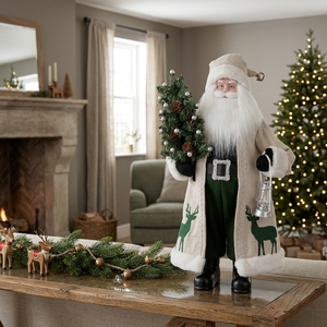 Robe de Noël Père Noël <span class=keywords><strong>Babbo</strong></span> Natale 90 cm en lin crème avec deux rennes, raquettes à neige et sapin pour décoration de chalet de Noël - Product Image 1