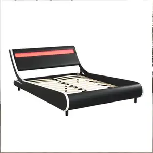 Latest leather bed set bedroom furniture wooden with led