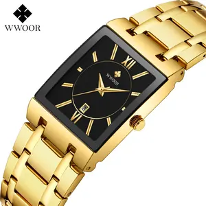 WWOOR 8858 Golden Rectangle Wrist Men Watches Date Male Clock Luxury Stainless Steel Waterproof Fashion Men Quartz Watch Relojes