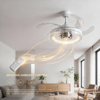 Ventilateur de plafond LED moderne en métal avec télécommande, 6 vitesses, 4 pales, 3 couleurs changeantes, CRI 97, silencieux 29 dB, moteur AC, intensité variable, pour chambre et salon