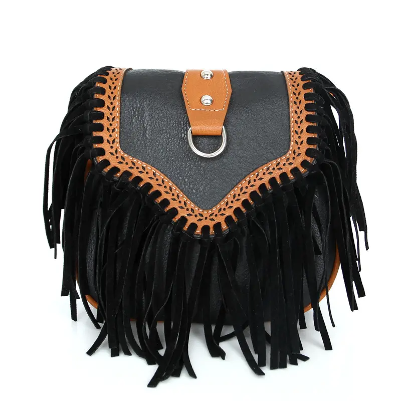 Bolso de hombro Vintage bohemio para mujer, bandolera de cuero con flecos azteca, venta al por mayor