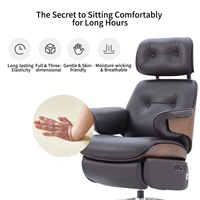 Chaise de bureau électrique ergonomique en cuir de style mid-century modern |   Support dorsal en bois |   Repose-pieds |   Fauteuil inclinable pour la sieste au bureau à domicile