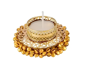 Golden Brass <b>Tea</b> Light <b>Holder</b> with Bell Design Circular <b>Candle</b> Tray for Home Wedding Decoration - Product Image 1