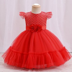 Robe de bal en tulle rouge pour bébés filles, robe de princesse pour le premier anniversaire, col rond avec volants et ceinture florale - Product Image 1