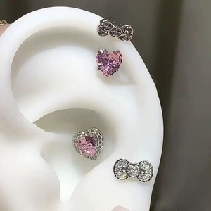 Boucles d'oreilles clous <span class=keywords><strong>en</strong></span> acier inoxydable 1,2 mm avec zircon rose <span class=keywords><strong>en</strong></span> forme de fer à cheval et nœud, bijoux pour femmes, doux et mignons - Product Image 1