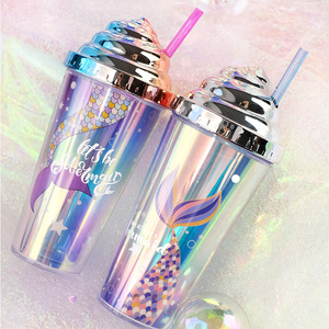 Gobelet isotherme réutilisable en plastique à double paroi avec paille, motif sirène, logo personnalisé, 420 ml, pour le <span class=keywords><strong>camping</strong></span> - Product Image 2