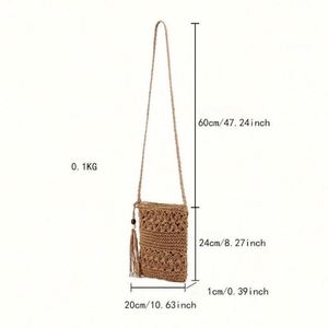 Bolso cruzado hecho a mano con borlas huecas de papel tejido para mujer, resistente al agua, portátil, con USB, para vacaciones de verano y playa - Product Image 4