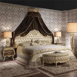 Luxe Klassieke Slaapkamer Meubilair Emperador Gold Side Tafels Dressoir Massief Houten Frame Hand Carving Dubbele Bed