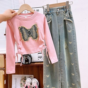 Nuovo Completo Primaverile 2025 per Ragazze, Set di Moda con Camicetta Ricamata <span class=keywords><strong>a</strong></span> Farfalla e Pantaloni in Denim, <span class=keywords><strong>Abbigliamento</strong></span> in Stile Coreano per Bambine - Product Image 5