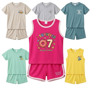 Tenues d'été légères et respirantes pour enfants : T-shirts à col rond, à manches courtes et sans manches, motifs variés, shorts, lots mixtes - Product Image 1