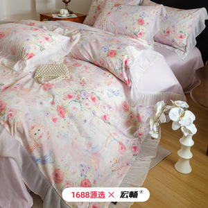 French Retro Oil Painting Style 100 Cotton Four Piece <b>Bedding</b> <b>Set</b> Korean Lace Trim Pure Cotton Duvet Cover Sheets Bedroom - Product Image 1