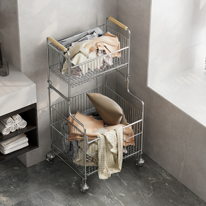 Carrello Portabiancheria a 2 Ripiani con Ruote, Organizzatore Mobile Staccabile per Vestiti Sporchi, Carrello in Acciaio Inossidabile per Bagno - Product Image 4