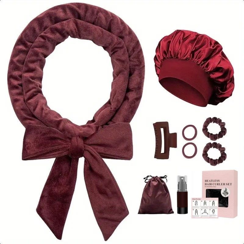 Set de 9 piezas: rizador color borgoña y gorro de ducha.