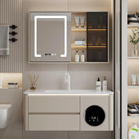 Meuble-lavabo de salle de bain flottant personnalisé, combinaison unique, 40 pouces, en contreplaqué PVC, crème, étanche, avec double tiroirs et miroir