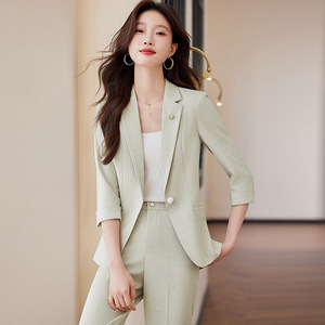 Women's Suit Set Light Gray Three Quarter Sleeve Spring Office Lady Anti-Wrinkle Polyester Worsted Fabric - Product Image 1
