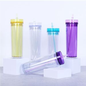 Custom Double Wall 16Oz Bulk Wholesale Colored Acrylic Skinny Clear Plastic Tumbler With Lids and Straw - Product Image 1