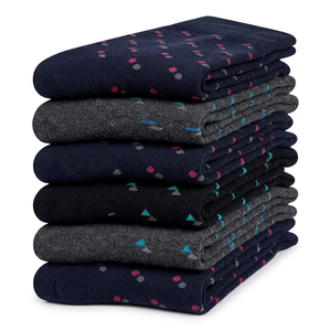 Chaussettes habillées en coton à motifs pour hommes, motif à pois et géométrique, bleu marine foncé, gris, noir, lot de 6, vente en gros - Product Image 1