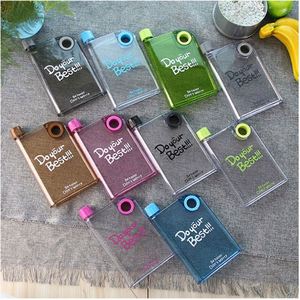 Custom logo 420ml PP Matt Transparent <b>A5</b> Plastic Flat square <b>Water</b> <b>Bottle</b> with Silicone RingTrvel Direct Drinking <b>Bottle</b> - Product Image 1