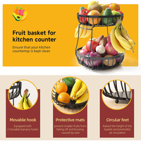 Présentoir à fruits et légumes empilable à 2 niveaux en métal noir, grand panier à fruits en fil métallique avec 2 supports pour bananes