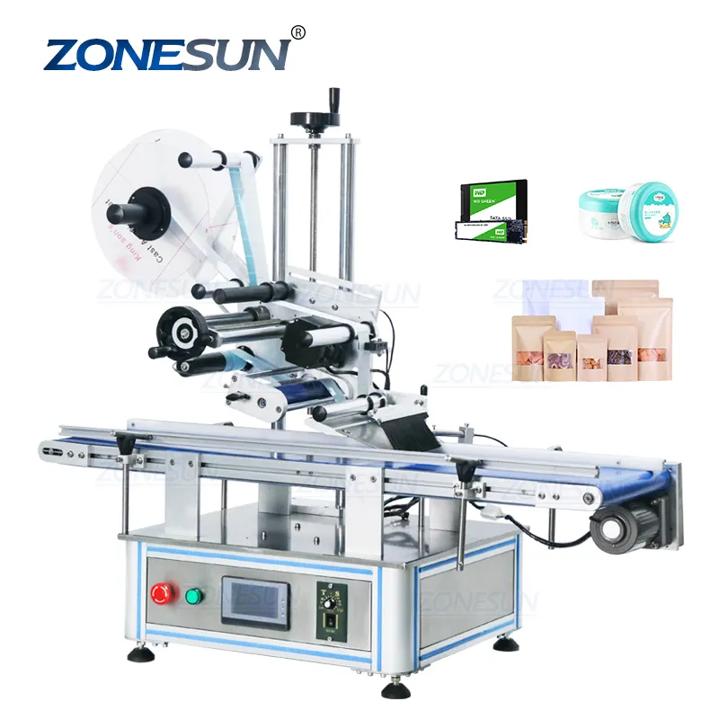 ZONESUN Plastic Pouch Bag Book Flat Surface Bottle Automatic Labeling Sticking Machine For Stand Up Pouches Cosmetics Labeler