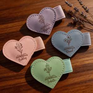 <b>Personalised</b> Heart Magnetic <b>Bookmark</b> Women Custom Engraved Name Birth Flower Leather Reusable Cute Style Secure Page Holder - Product Image 3