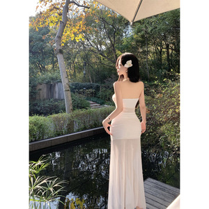 Sheer Mesh Strapless Dress Natural Waist Square Neck White Solid Color Beach Cover Up Travel Style - Product Image 3