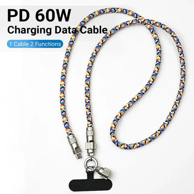 1.2M Right-Angle Phone Lanyard PD60W Fast Charging Cable Pure Copper Braid Shielding 20V3A USB-C Type-C Data Computer Printer