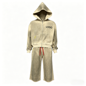 Custom <b>Zip</b> <b>up</b> Hooded <b>Jacket</b> Joggers 100% Cotton Sweatwear 7-point Pants Tracksuit Mne's Sweatpants and Hoodie Set - Product Image 3