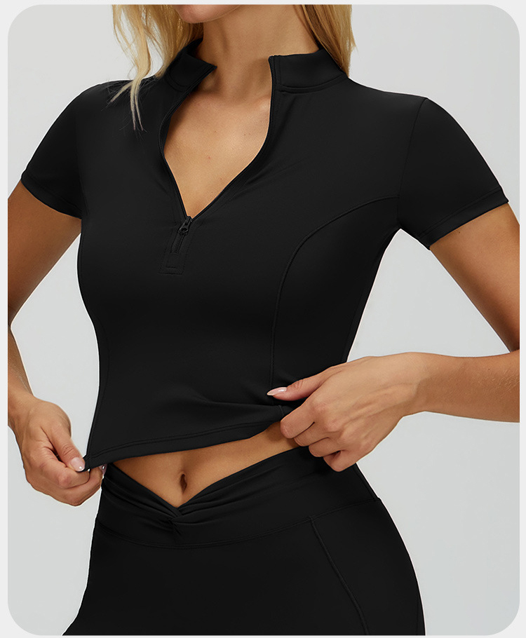 Custom Logo Half Zip Short Sleeve Shirts for Women Workout Athletic Yoga Tops Crop Collared Quarter Zipper T-Shirt Active Shirt