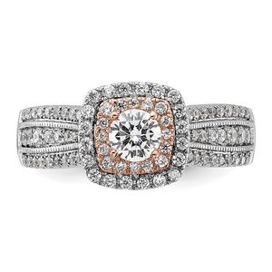 Anillo de compromiso y boda de lujo para mujer, de oro blanco de 14K, con diamante redondo, doble halo, pavé y tallo ancho dividido. - Product Image 1