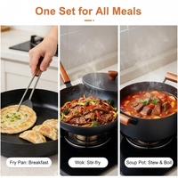 Ensemble de casseroles en fonte avec poignée en bois, 3 pièces, poêle antiadhésive avec couvercle en verre, compatible induction