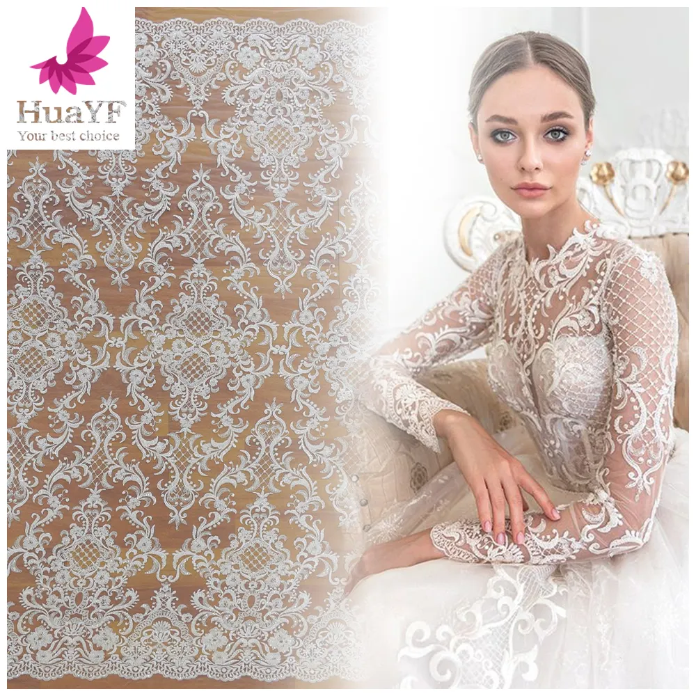 HY1316 tissu de dentelle de maille de mariée blanche nouveau stock tissu de maille de broderie à la main avec de petites paillettes garniture de dentelle