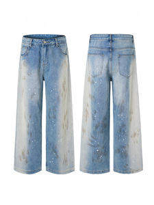 Celana <span class=keywords><strong>Jeans</strong></span> Pria Gaya Amerika Trendy Merk Ternama Buatan Tangan Motif Percikan Cat Kotor Celana Wanita Model Boot Cut Vintage Serbaguna - Product Image 5