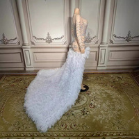 Nouvelle Arrivée Robe de Soirée Longue Sirène Vespera pour Femme, Taille Naturelle Ajustée, Ornée de Diamants, Plumes, Traîne Chapelle, Antistatique, Transparente