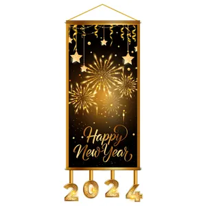 Happy New Year Banner Door Flags Wall Sign Gold Firework Star Banner Porch Hanging Flag For Party New Year Decor 2024