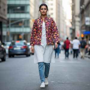 Veste matelassée en coton pour femme, motif floral, bleu ciel d'automne, manches longues en coton, réversible, imprimé double - Product Image 3