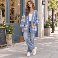 Cardigan surdimensionné à carreaux pour femme, col en V, en tricot gaufré, boutonné, avec poches, OEM ODM