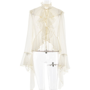 Chemisier en mousseline de soie à volants pour femmes, manches longues, couleur unie, chemisier doux - Product Image 5