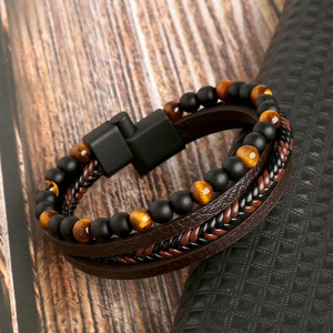Pulsera de Hombre de Cuero Genuino con Cuentas de Obsidiana Natural, Ojo de Tigre y Aleación - Product Image 5