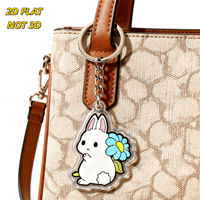 Porte-clés en acrylique Lapin Blanc Mignon avec Fleur Bleue, Pendentif Découpé Transparent et Chaîne Métallique, Accessoire Doux de Printemps
