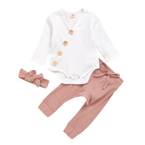 Vêtements pour bébés nouveau-nés en gros, combinaison à manches longues, pantalon, bandeau, tricot en coton, ensemble de 3 pièces pour bébé fille - Product Image 2