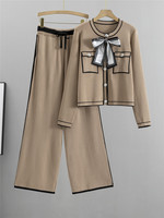 Ensemble élégant pour femmes, cardigan en tricot boutonné avec poches et pantalon en tricot ample avec poches, deux pièces