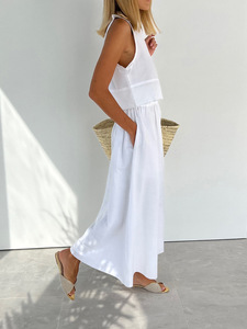 Conjunto de Verano 2022, Nuevo Estilo Casual, <span class=keywords><strong>Traje</strong></span> de Lino y Algodón para Mujer, Ropa Simple <span class=keywords><strong>con</strong></span> Falda y Chaleco <span class=keywords><strong>con</strong></span> Volantes, <span class=keywords><strong>Camiseta</strong></span> <span class=keywords><strong>Blanca</strong></span> sin Mangas - Product Image 3