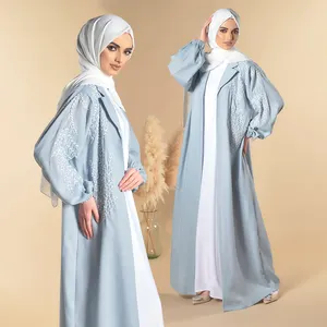 Islamic clothing embroidered leaf sky blue linen abaya dubai kimono woman open abaya in sky blue