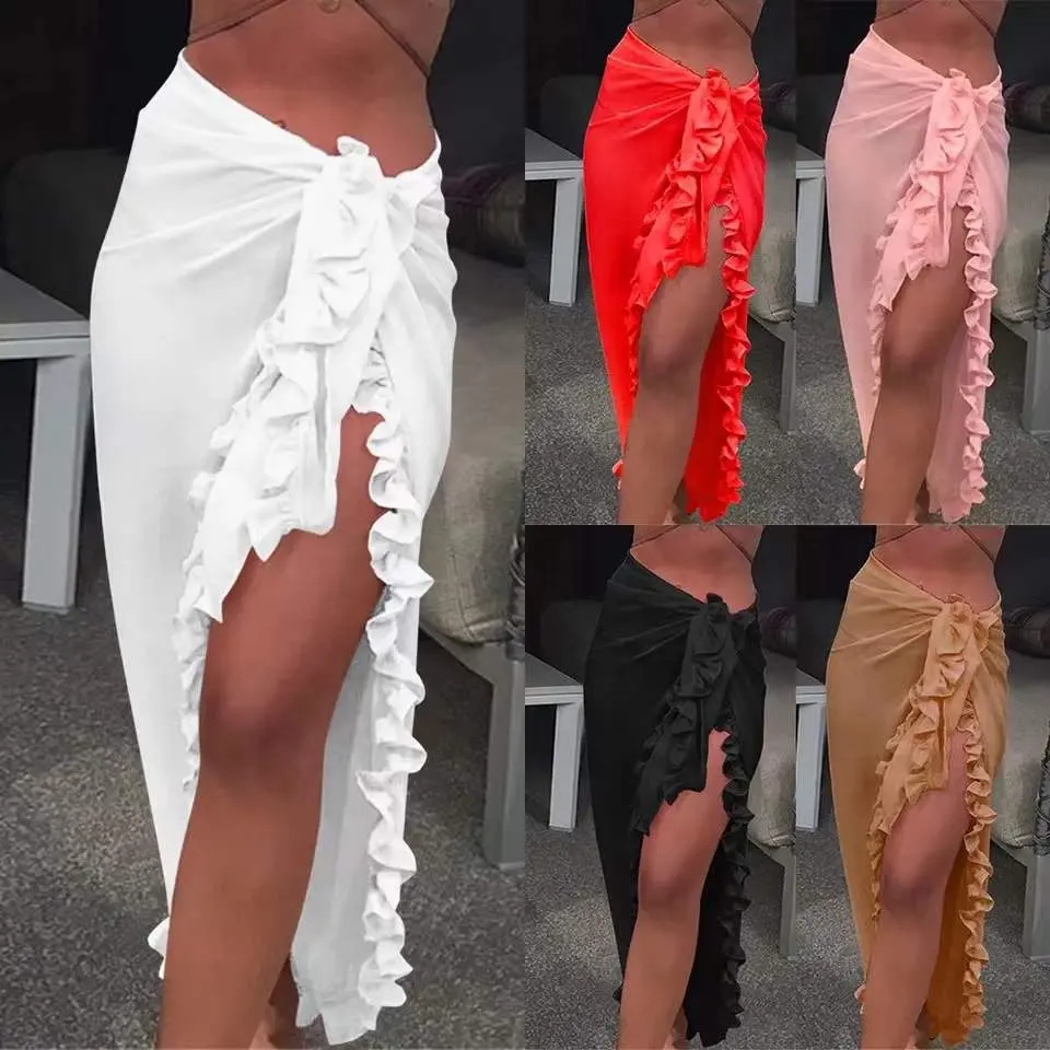 6 renkler kadınlar şifon See-Through plaj Bikini Cover Up Wrap eşarp mayo Pareo Sarong elbise katı fırfır rahat plaj elbise