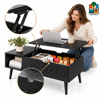 Table basse minimaliste en chêne noir avec plateau relevable et rangement, pieds coniques en bois, table basse pour salon
