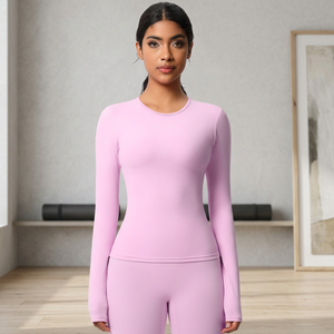 Women's Long Sleeve Crew <b>Neck</b> Yoga Set Solid <b>Light</b> Purple Athletic Top And Leggings Wholesale Custom LOGO Print Design Supplier - Product Image 2